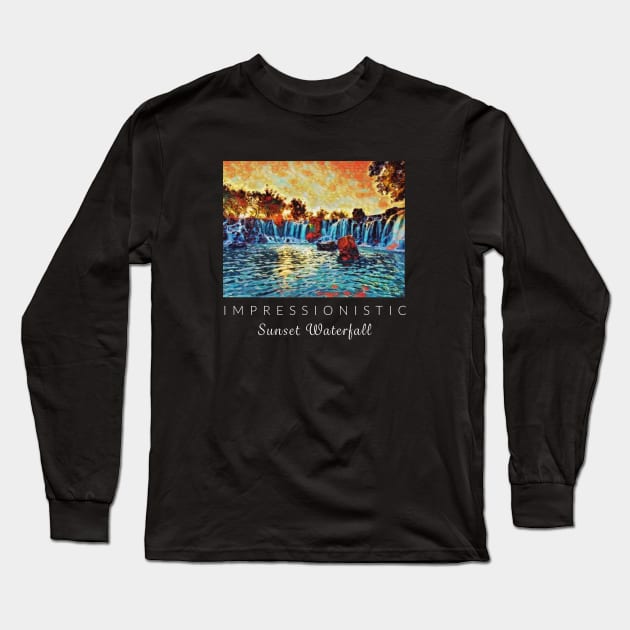 Sunset Waterfall Impressionism Long Sleeve T-Shirt by ZoesPrints